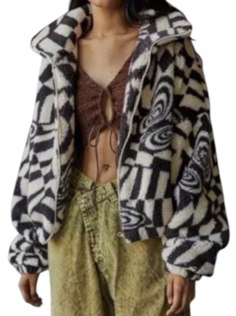 Urban Outfitters Olivia Print Sherpa Jacket Butterfly Mod Cream Black Fleece S